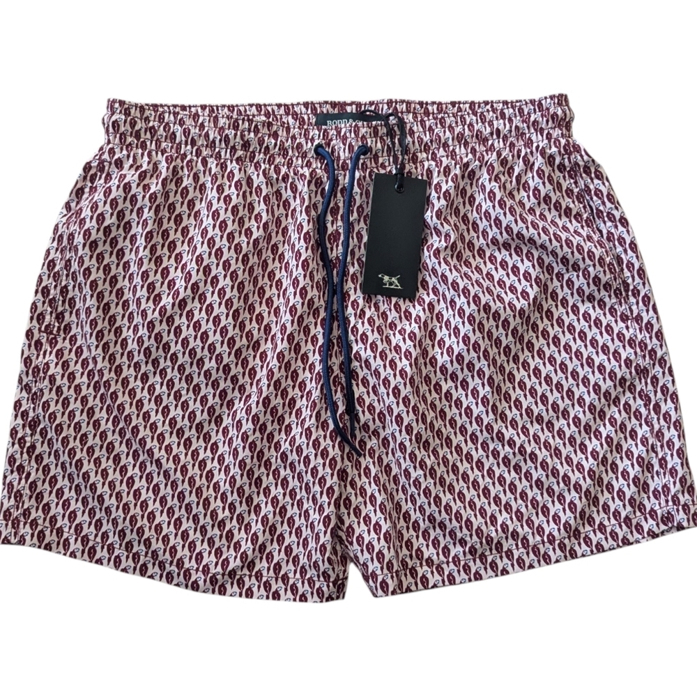 NWT Rodd & Gunn Red Patterned Beach Swim Short Size XL Navy Cord With Pouch.
